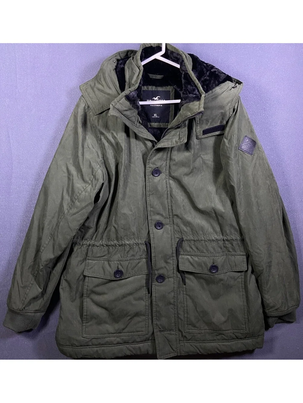 HOLLISTER LINED PARKA JACKET COAT OLIVE GREEN MENS SIZE XL NO FUR HOOD ACCENT